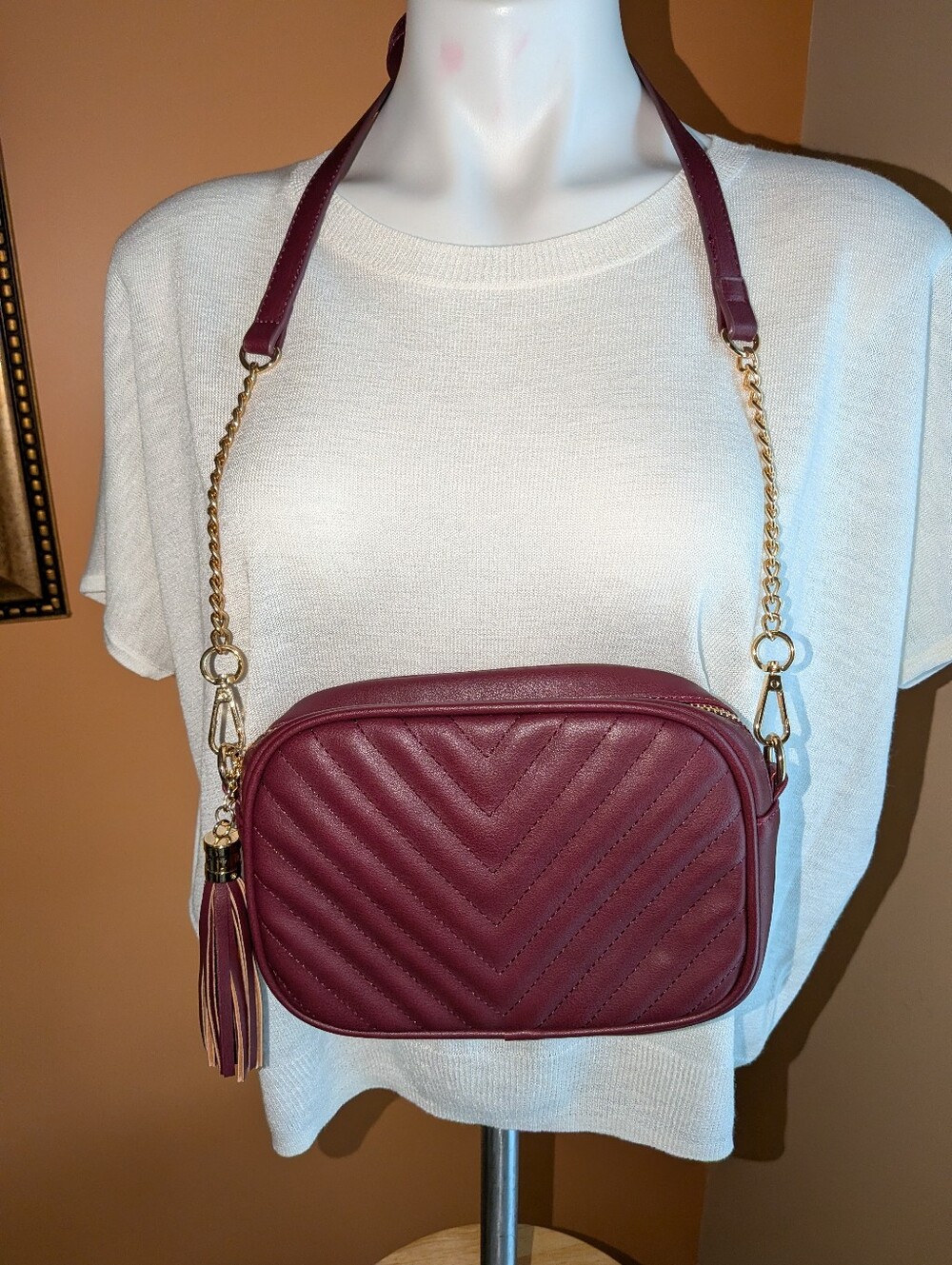 Quilted Crossbody Bag with Tassel - Burgundy